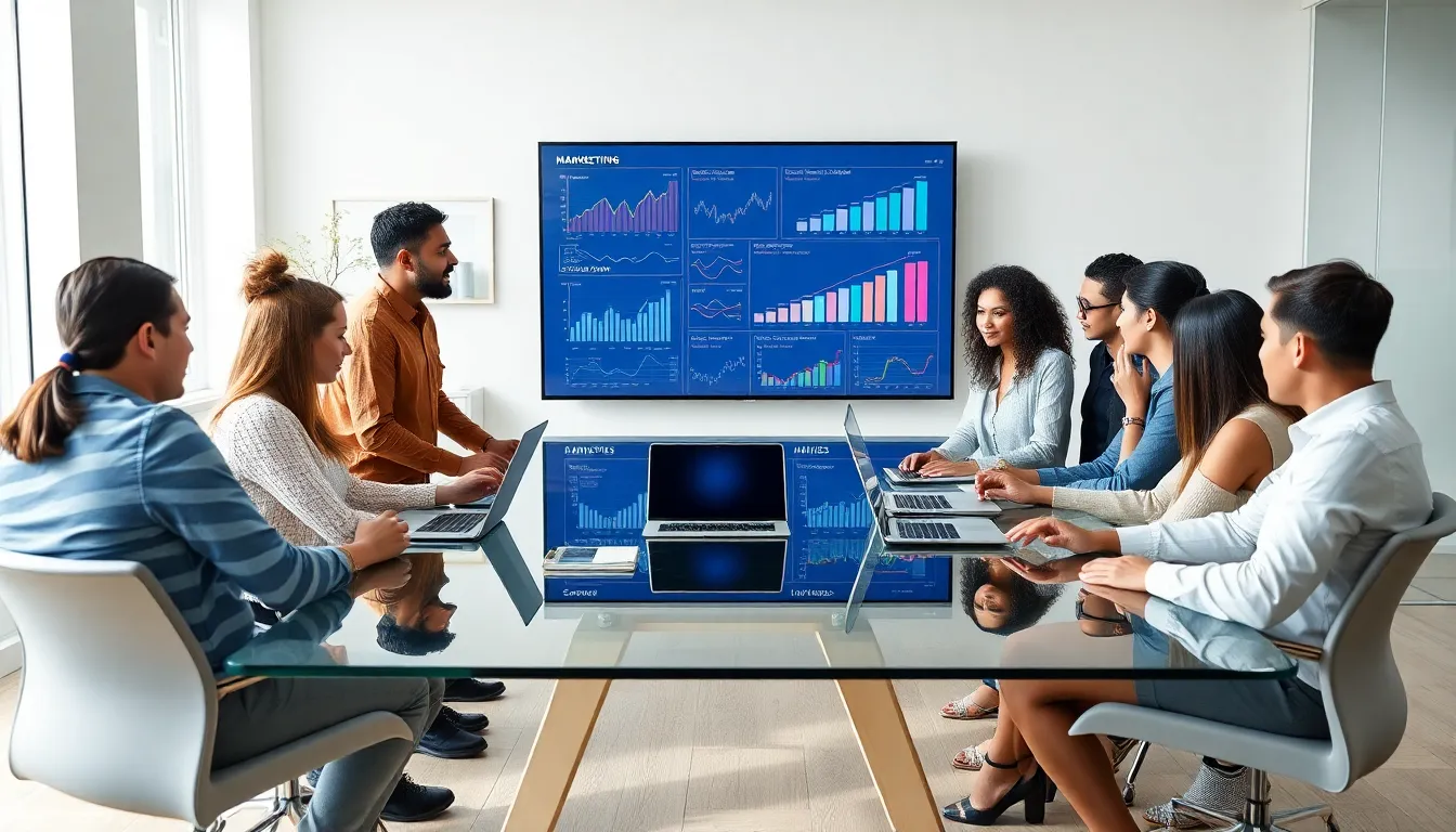 diverse professionals collaborating in a modern office discussing marketing software.