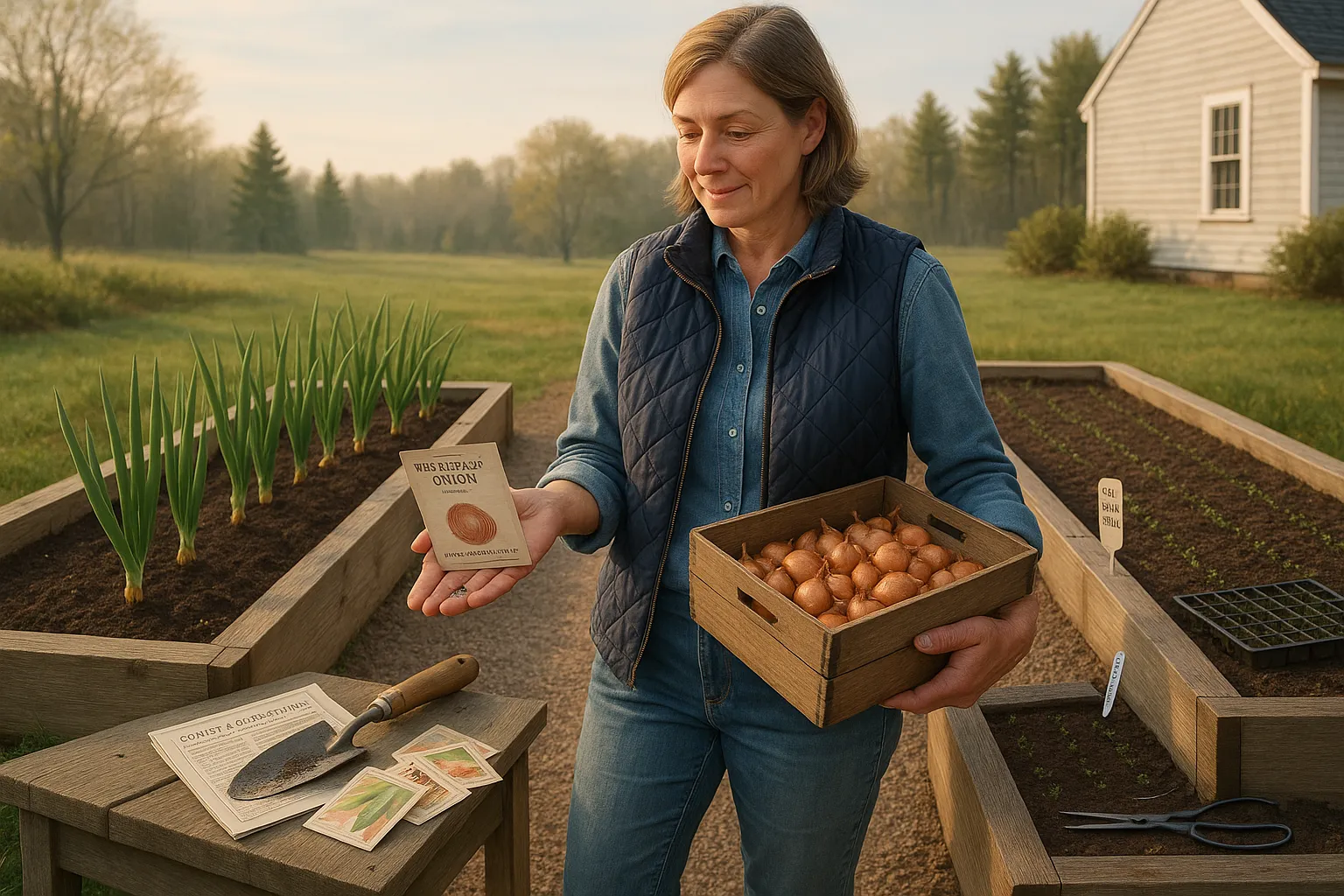 Gardener comparing a crate of onion sets and a packet of onion seeds in raised beds.