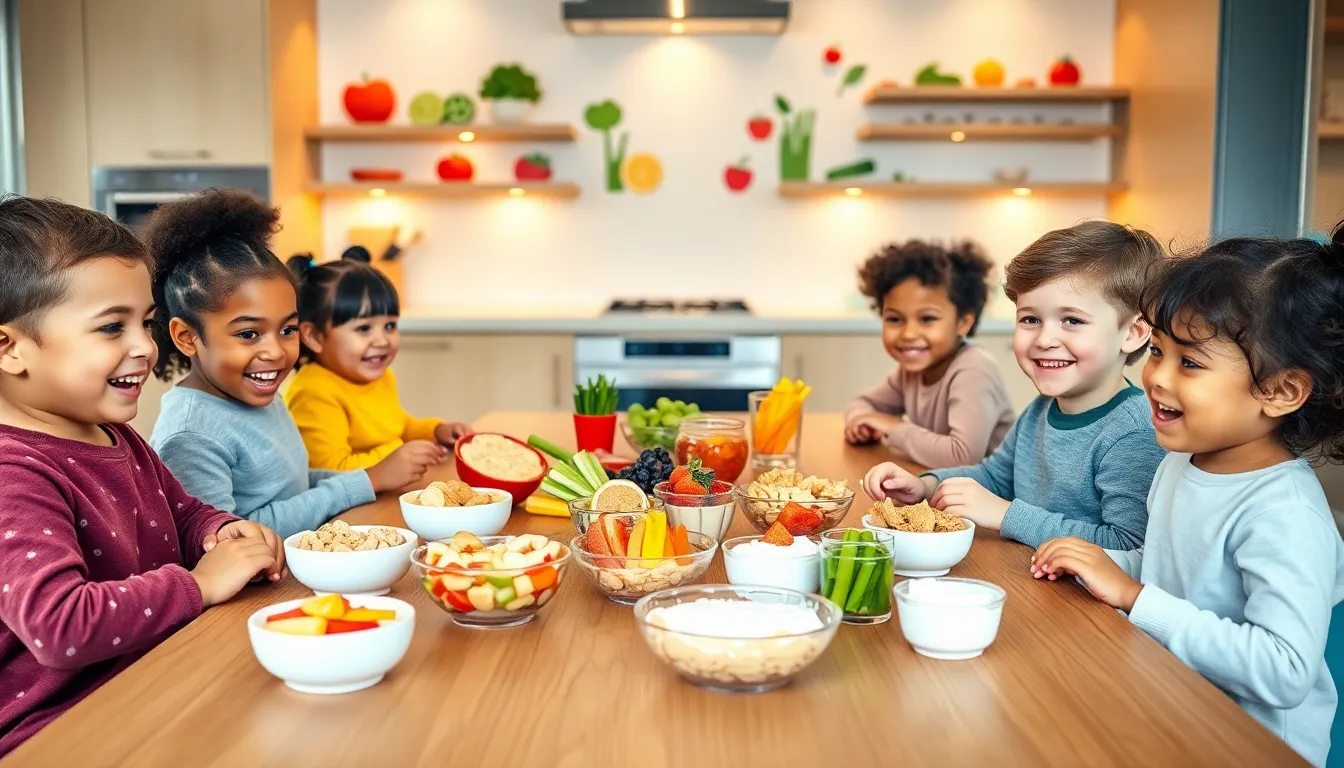 children enjoying diverse healthy snacks in a colorful kitchen setting.