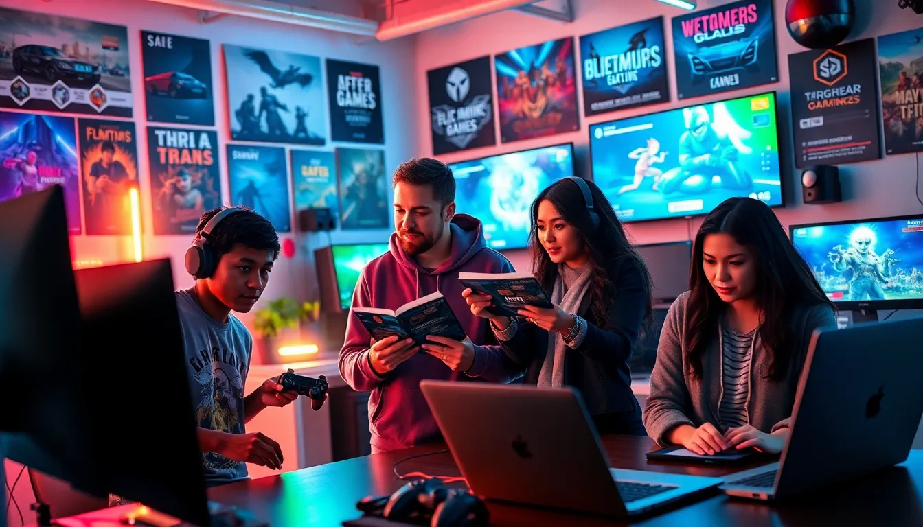 a diverse group of gamers in a modern gaming workspace.