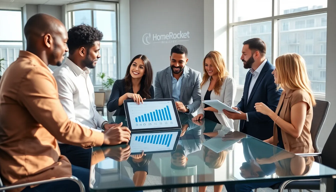 diverse real estate team discussing market analysis in a modern office.