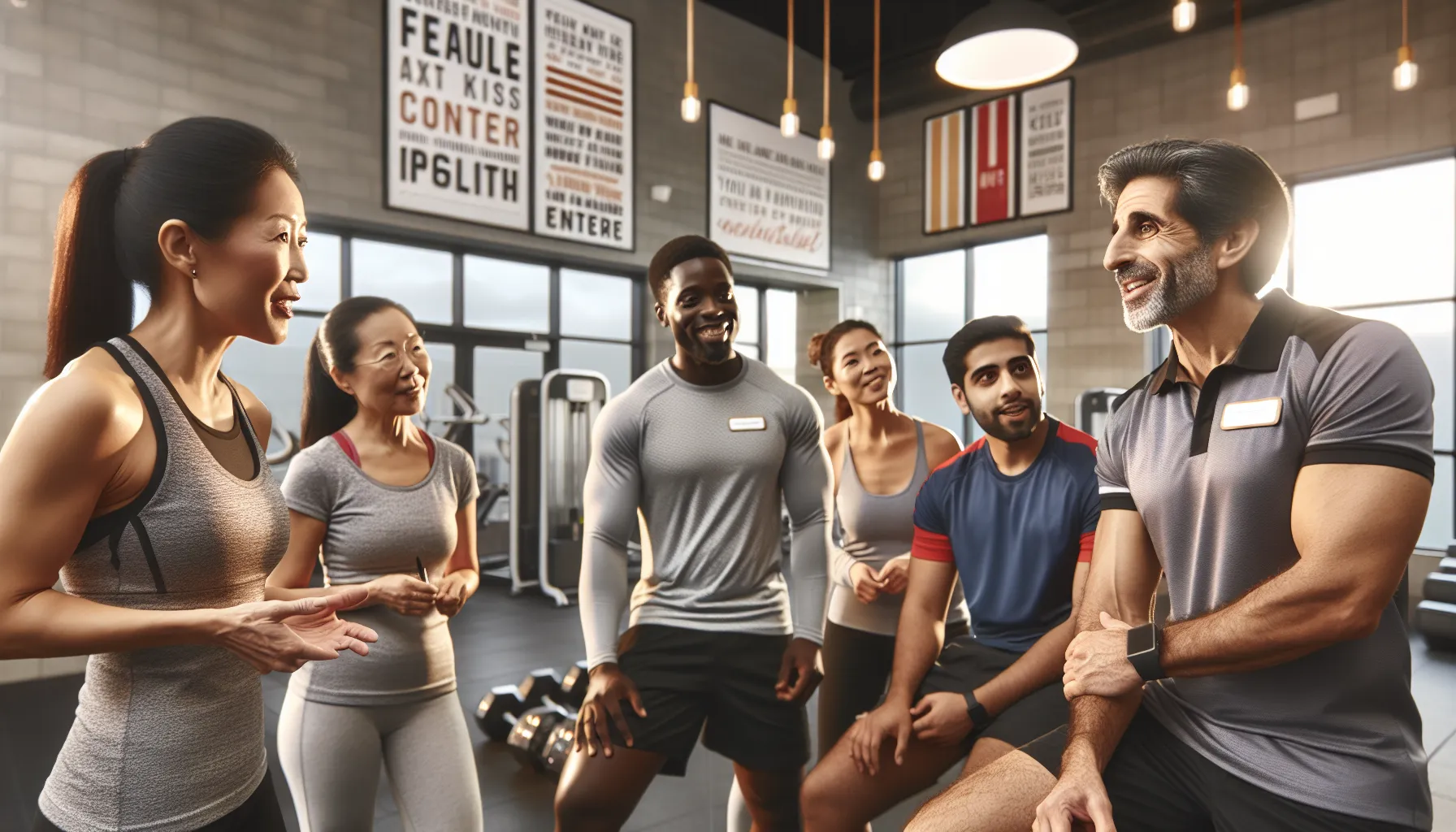 diverse gym-goers discussing their experiences in a friendly fitness center.