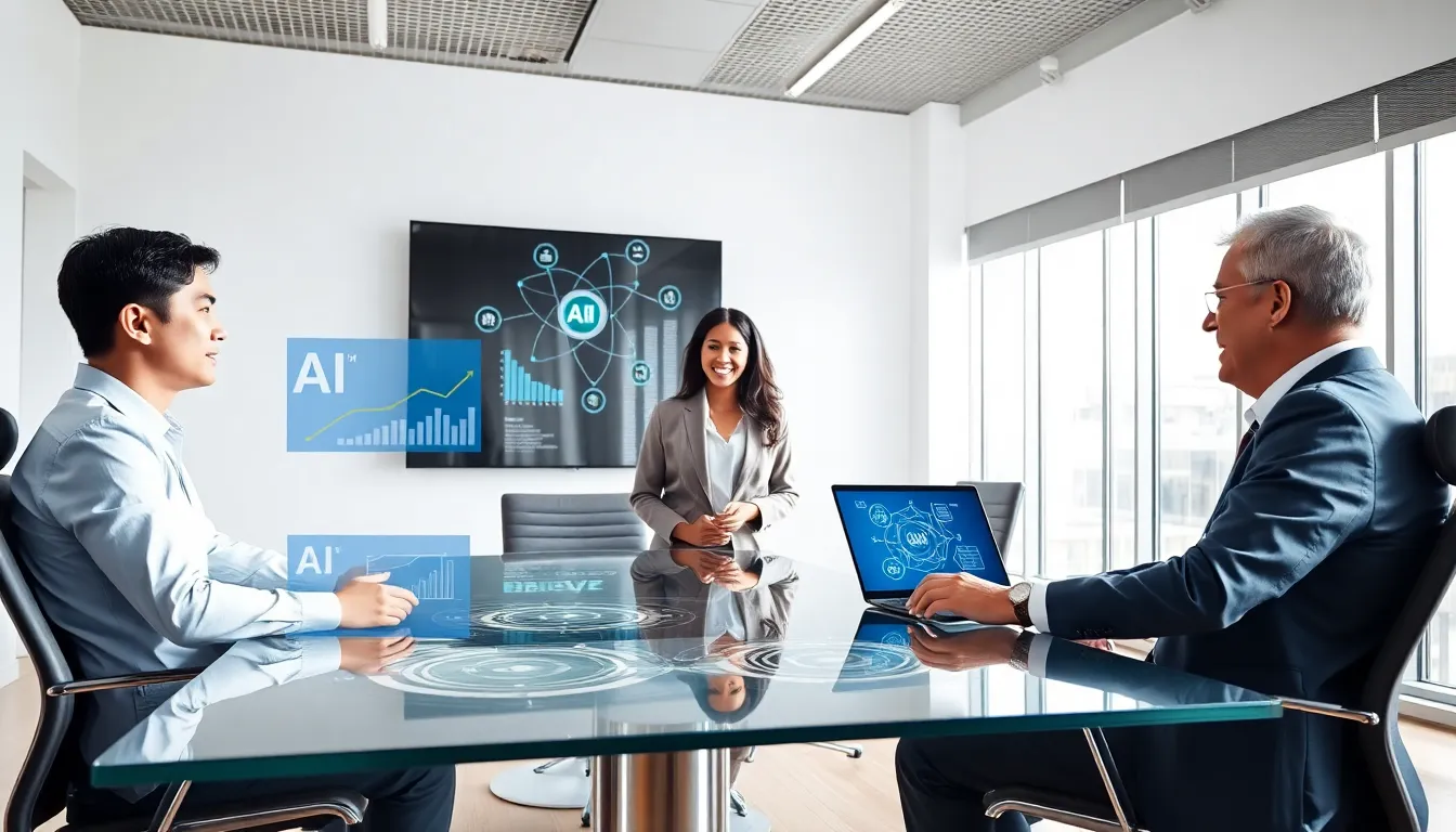 professionals discussing artificial intelligence in a modern conference room.