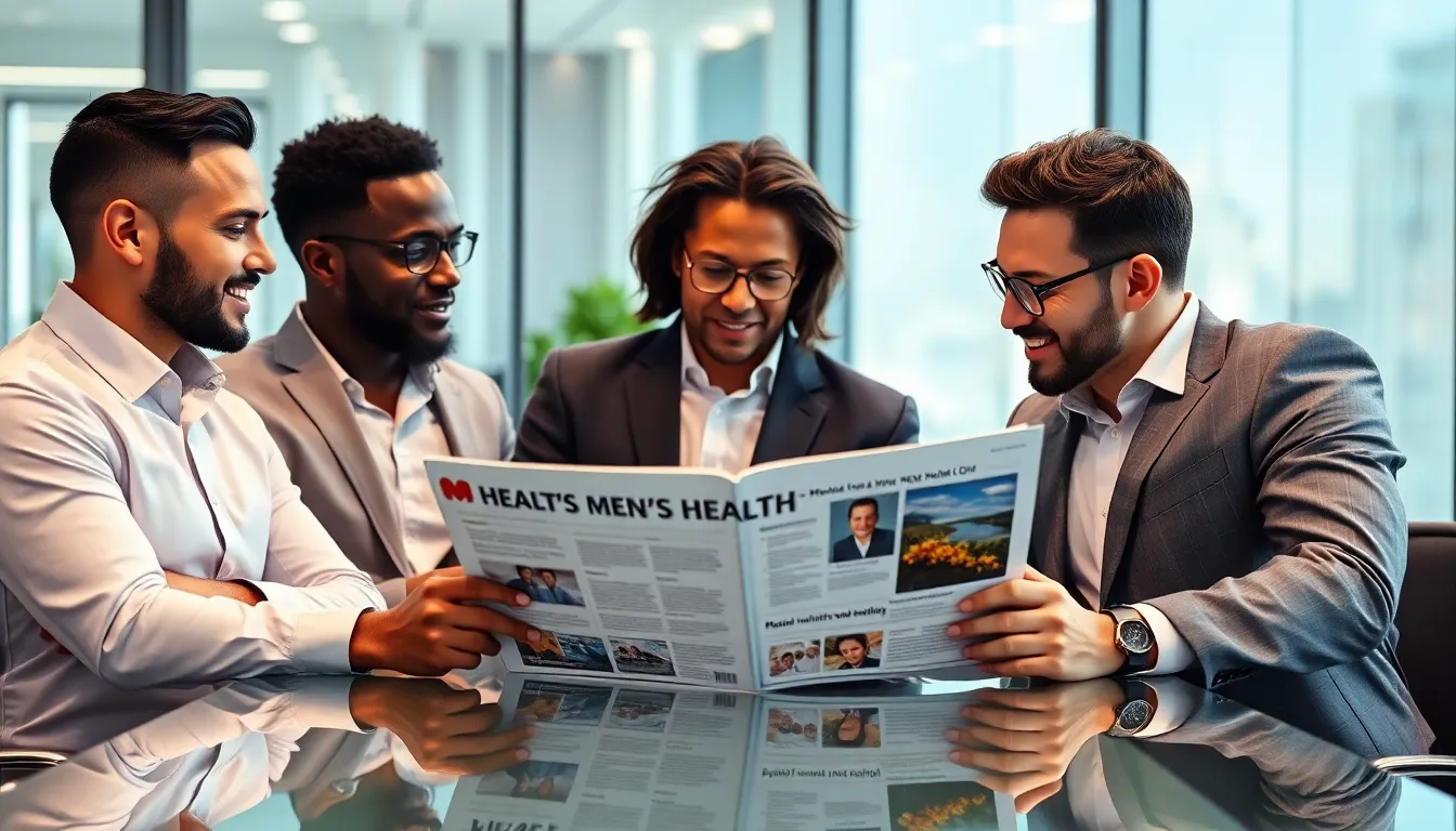 diverse group of men discussing health topics in a modern office.