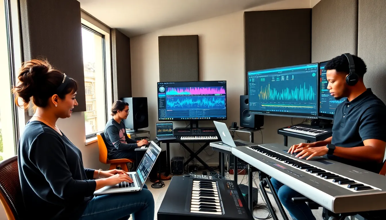 diverse musicians collaborating in a modern home studio using virtual instruments.