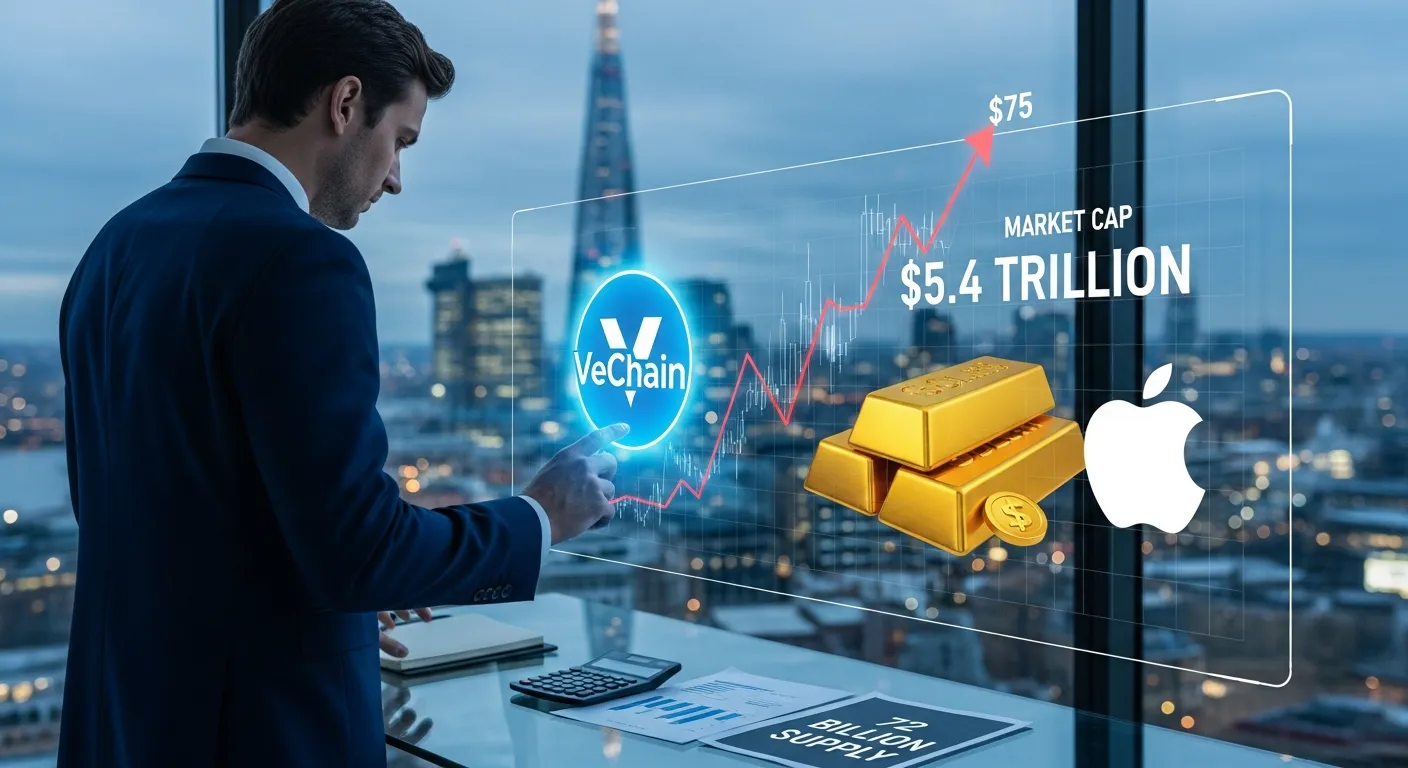 A financial analyst comparing VeChain's potential market cap to gold and tech giants in a London office.