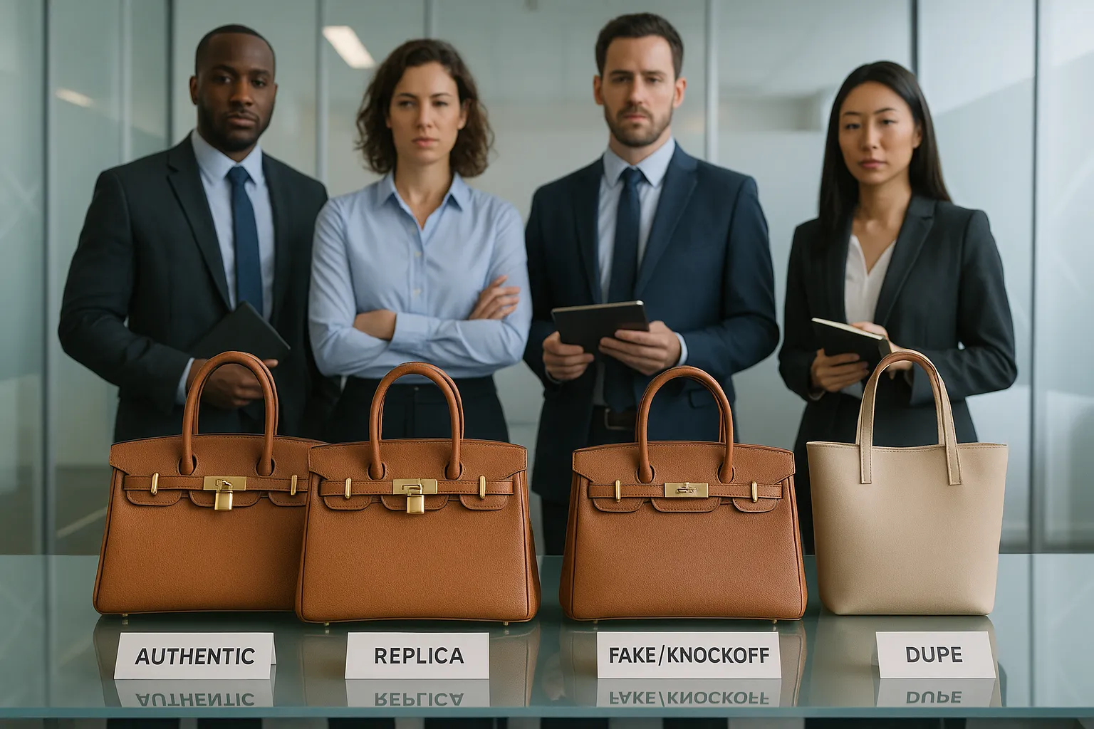 Four handbags compared on a modern office desk with professionals observing.