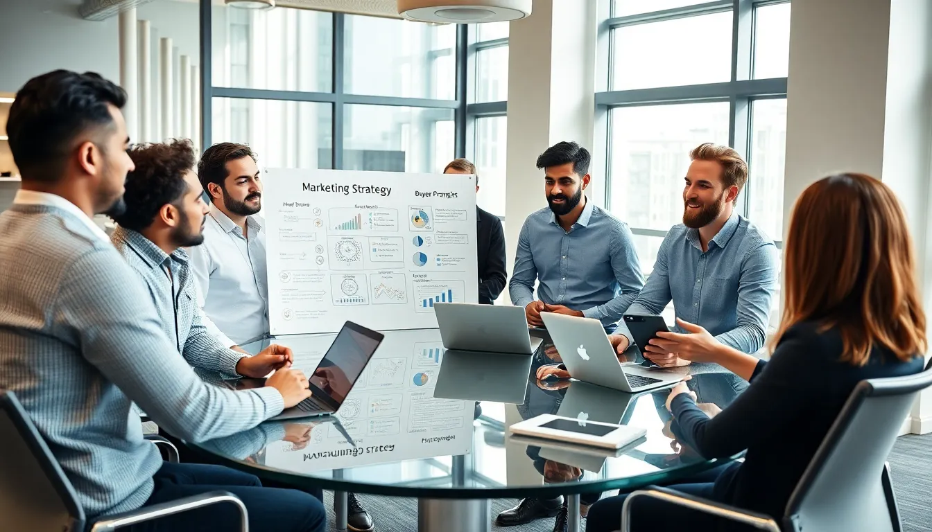 diverse professionals discussing marketing strategies in a modern office.
