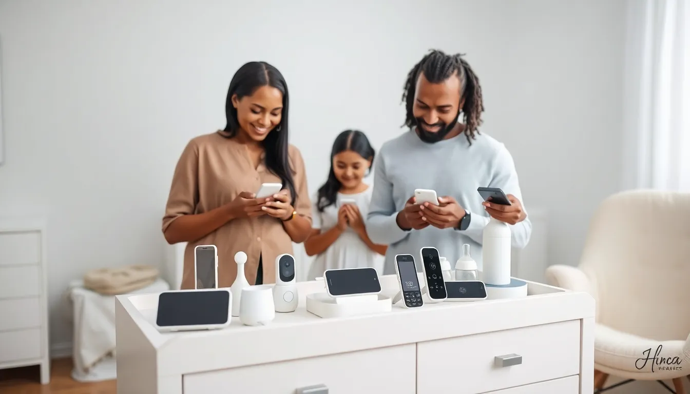 parents interacting with modern baby gadgets in a bright nursery.
