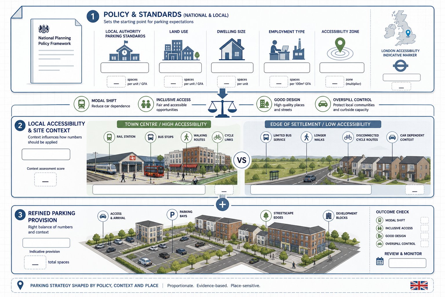 Infographic showing UK parking provision shaped by policy, accessibility, and site context.