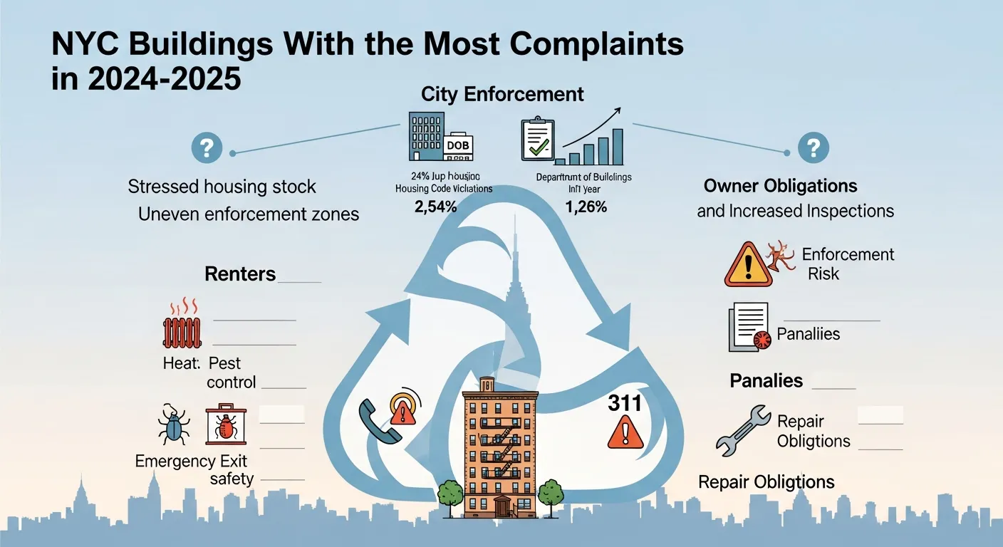 Infographic showing how NYC building complaints impact renters, owners, and city enforcement.