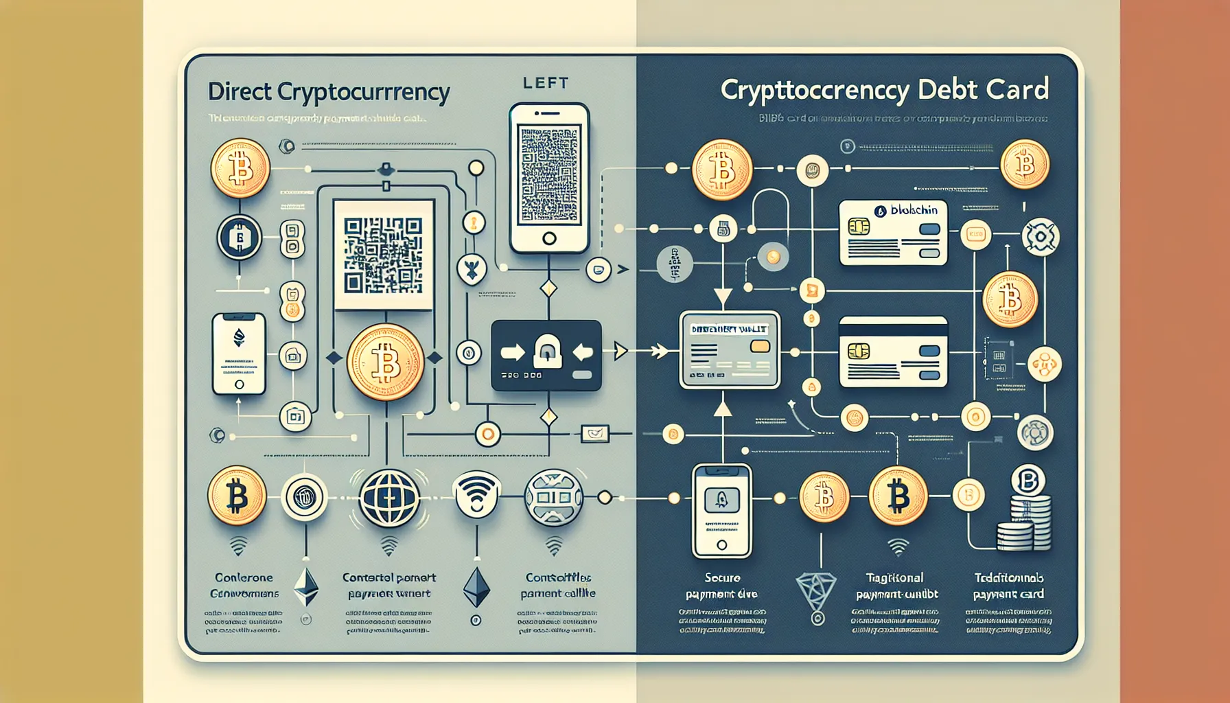 Comparison infographic of direct cryptocurrency payments versus cryptocurrency debit cards for real-world purchases.
