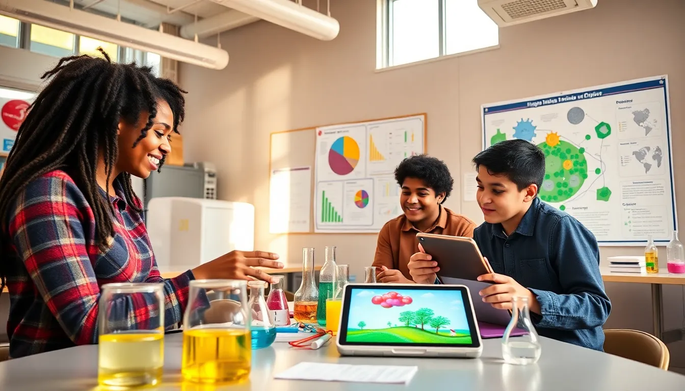 students collaborating on a science project in a modern classroom.