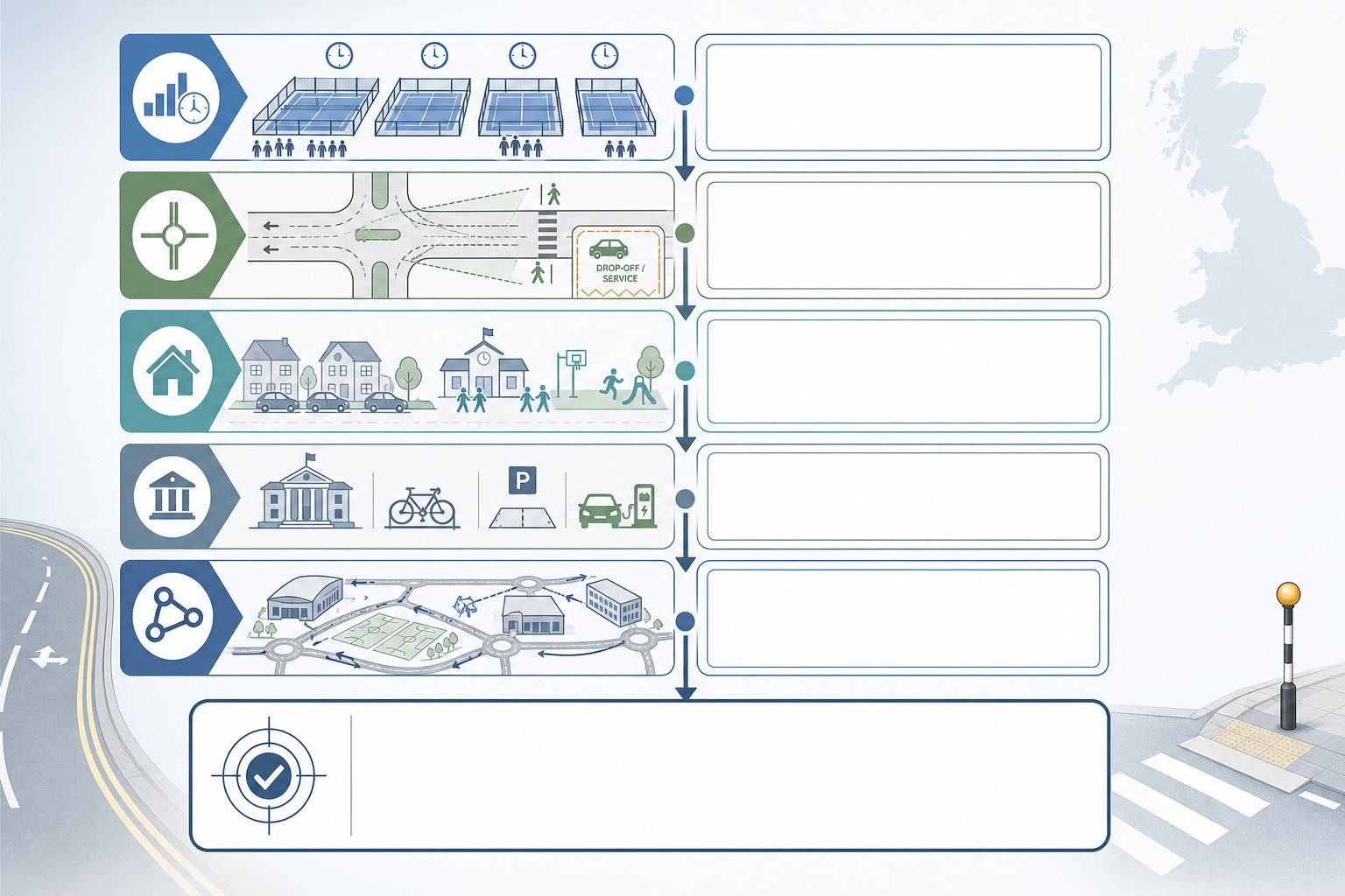 Infographic of five factors shaping padel court transport assessment scope in the UK.