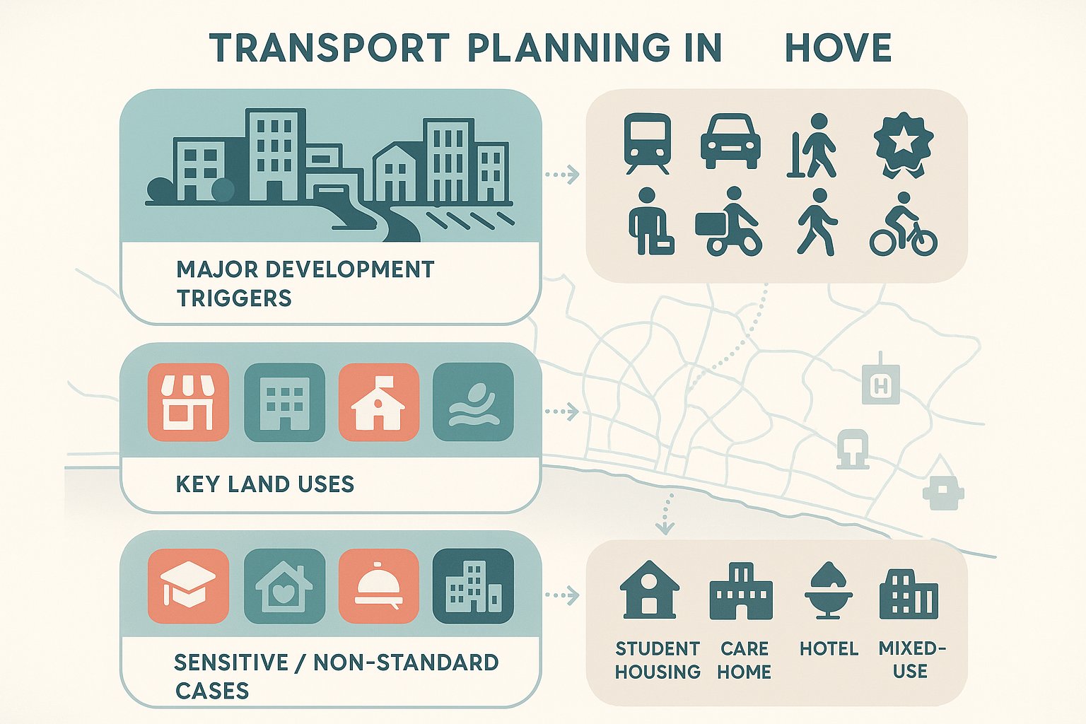 Infographic showing development types that trigger transport evidence in Brighton and Hove.