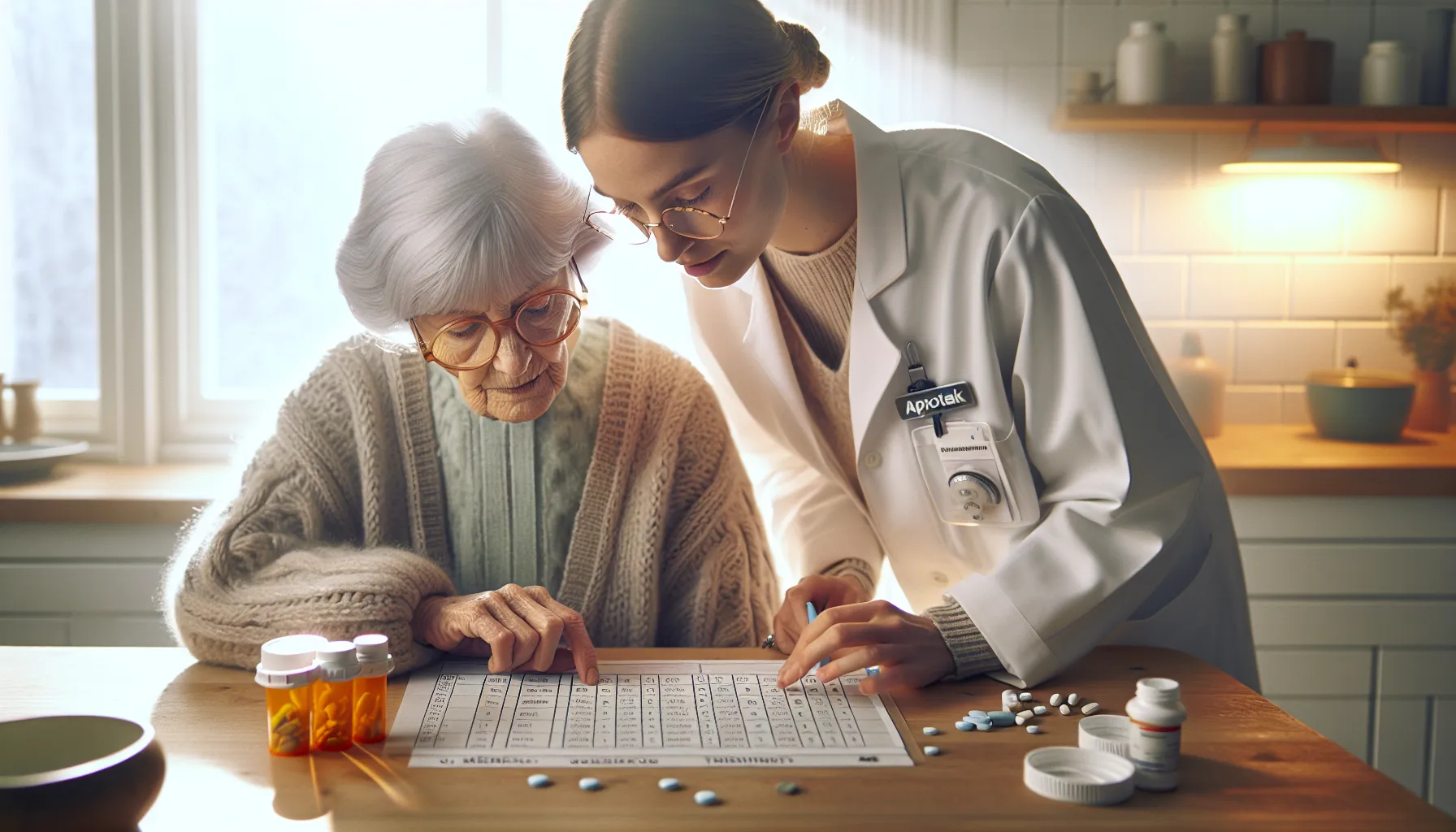 Elderly norwegian woman reviews medication list with pharmacist and pill organizer.