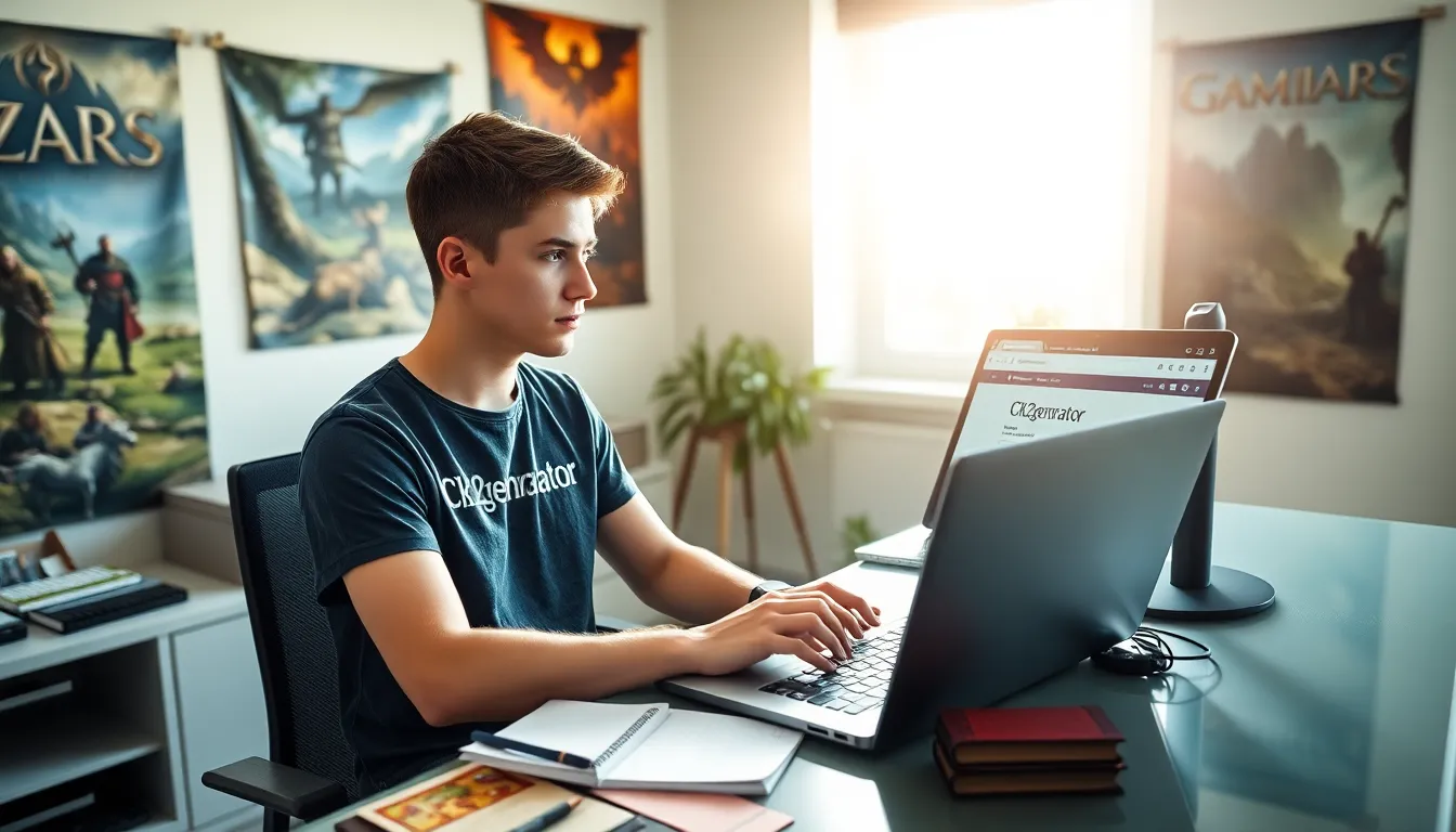 a young man using Ck2generator on his laptop at home.