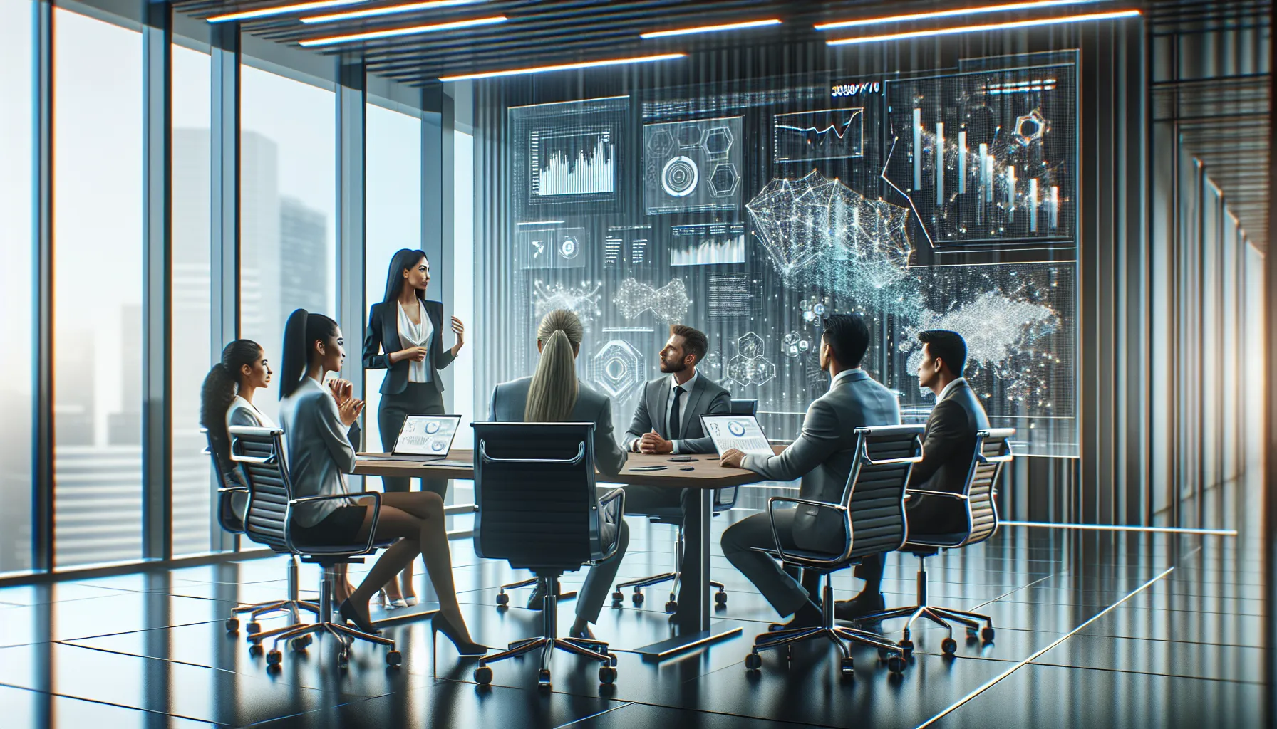 diverse professionals discussing technology trends in a modern office.