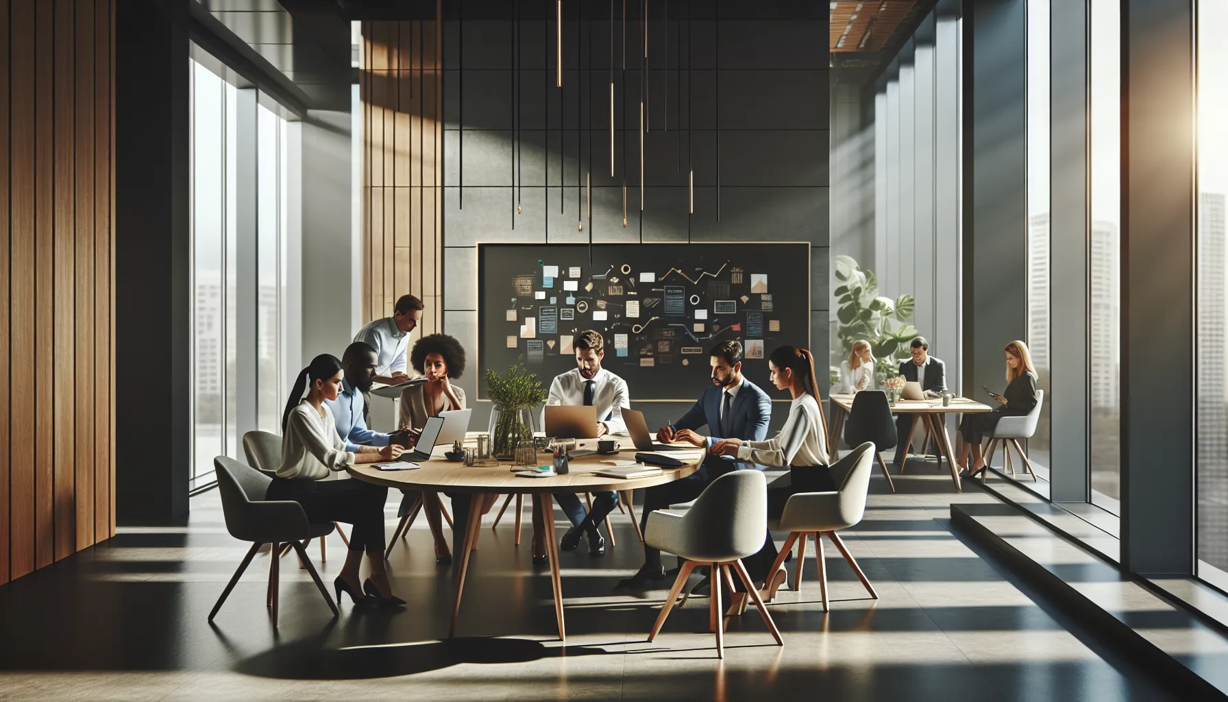 diverse professionals discussing digital media trends in a modern office.
