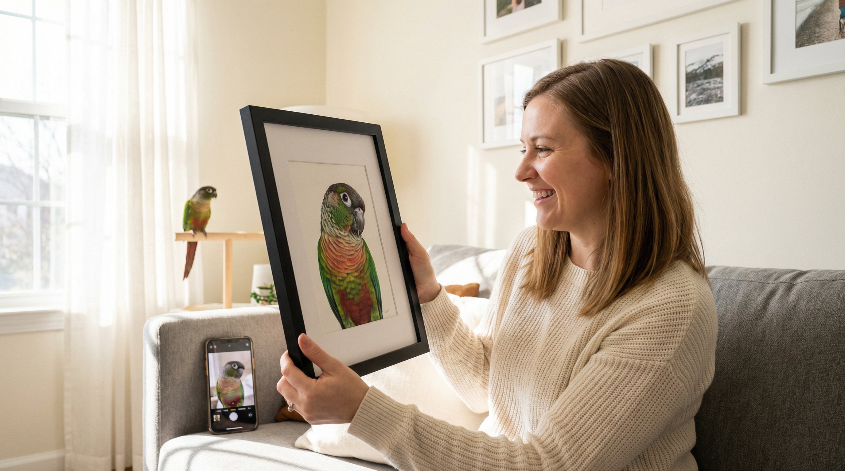 Woman admiring a framed custom bird portrait in a sunlit living room.
