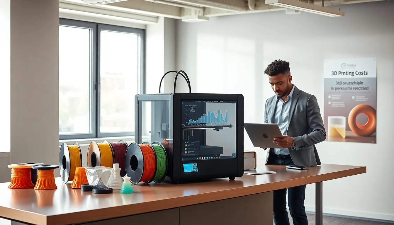 modern 3D printing workspace with a diverse professional reviewing costs.