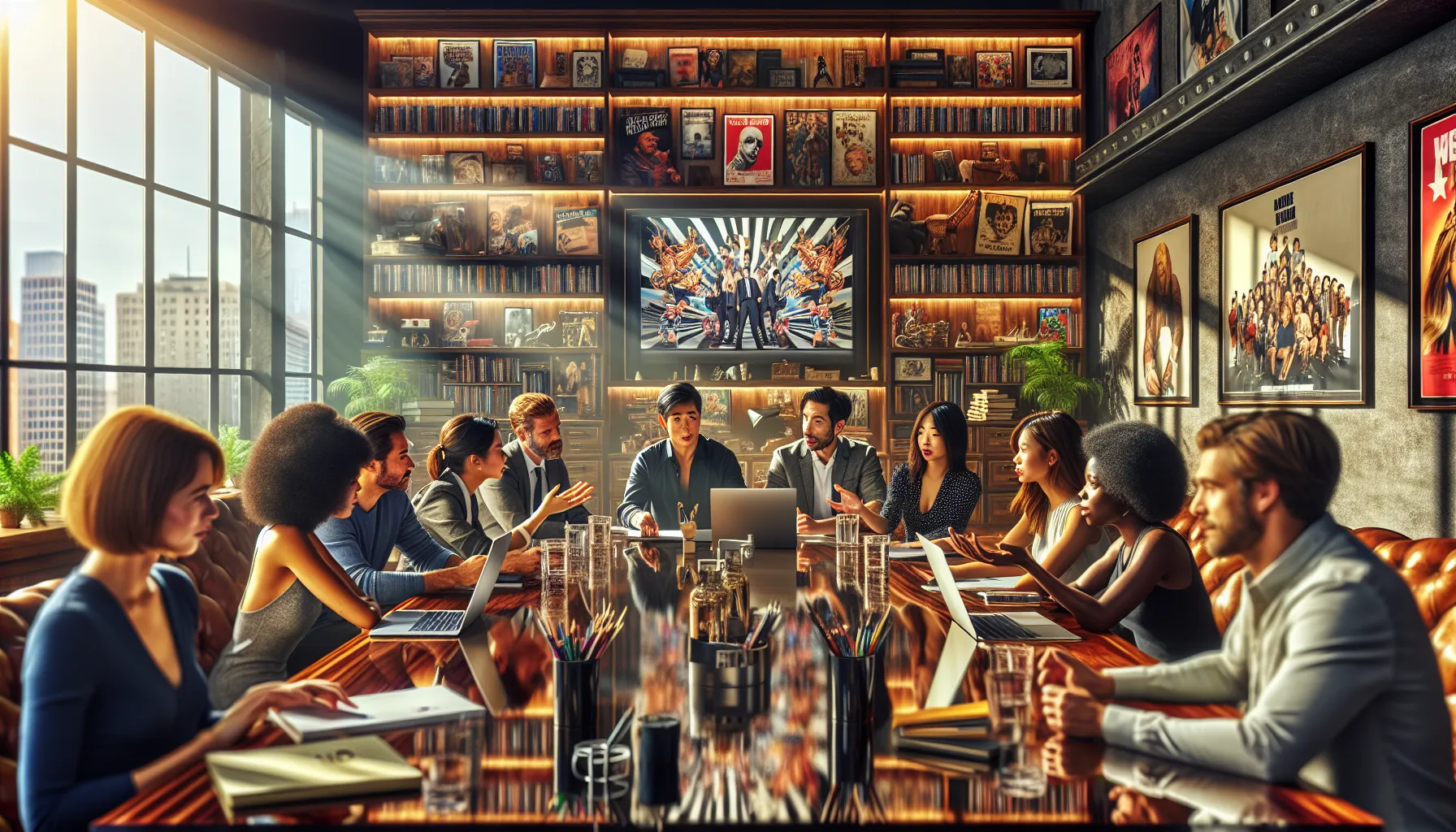 diverse group discussing films in a modern office setting.