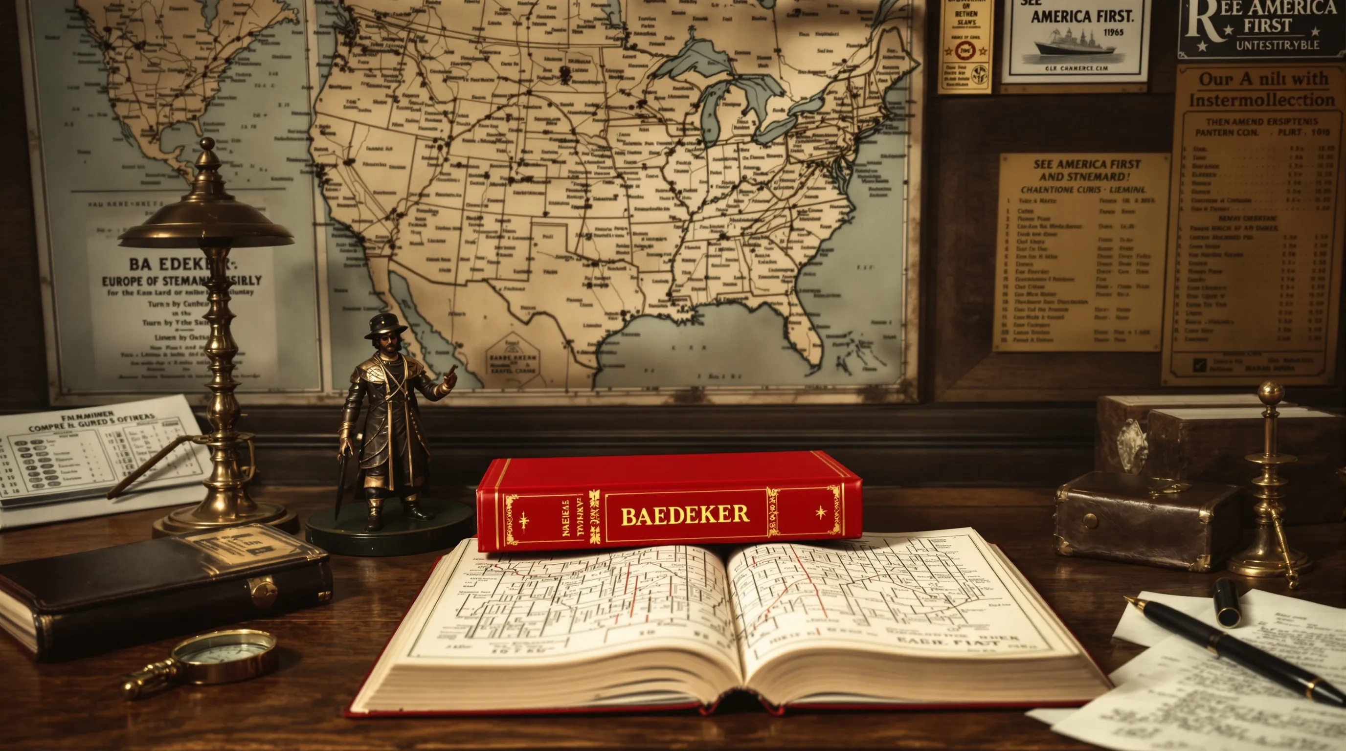 A red Baedeker guide with fold-out maps on a vintage desk.