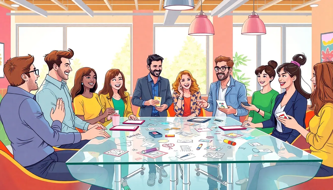 diverse group exchanging creative ideas in a colorful office.