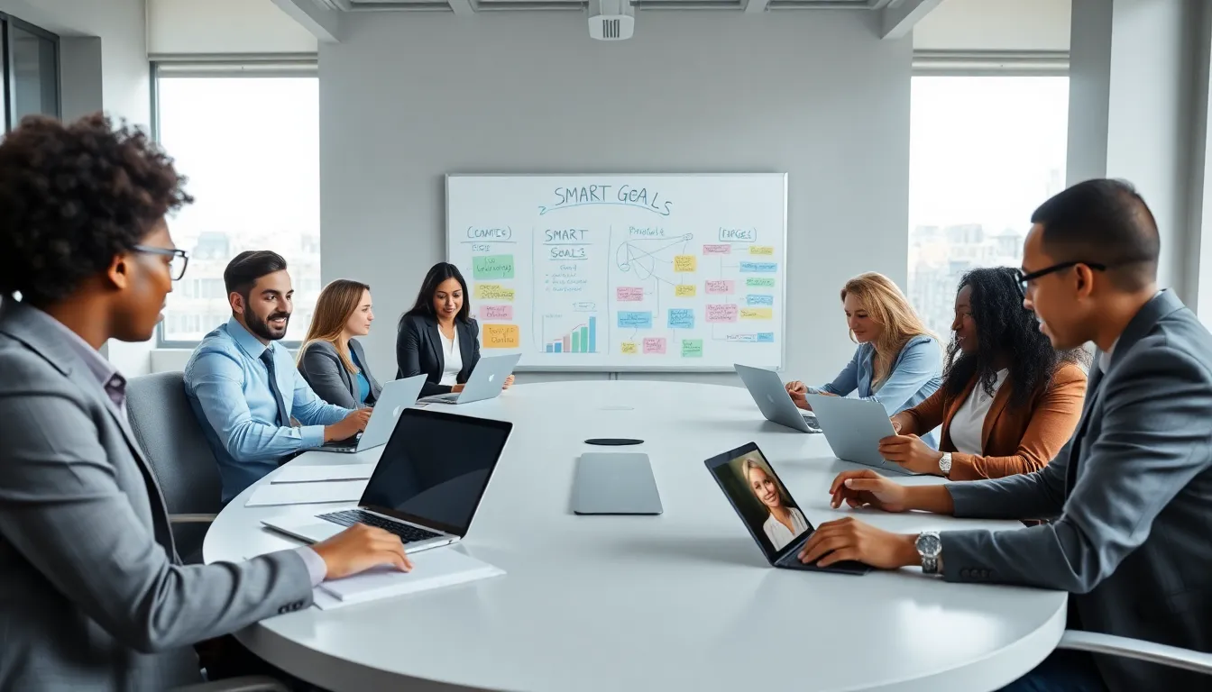 professionals collaboratively setting goals in a modern office.