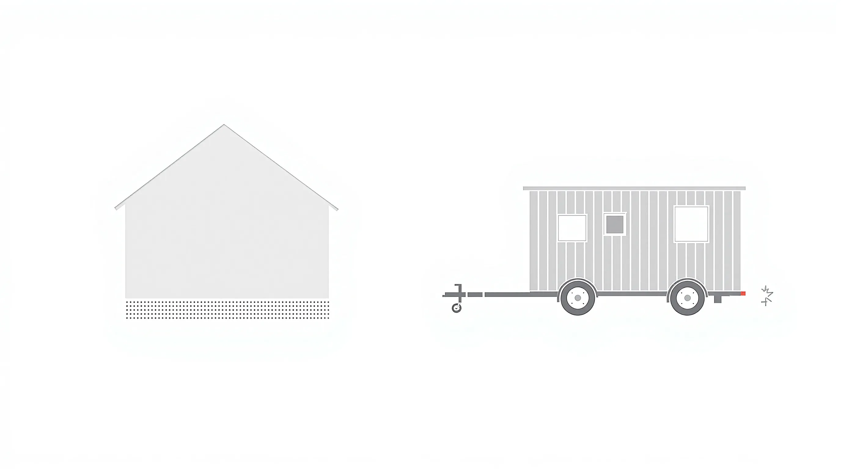 Two minimalist house shapes comparing fixed assembly cabin and mobile wheeled structure.