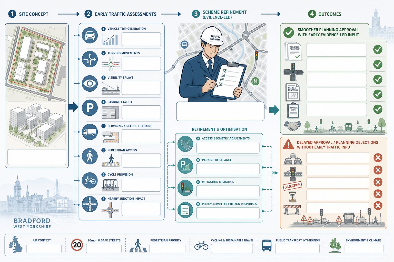 Infographic showing how traffic engineering supports smoother planning decisions for Bradford developments.