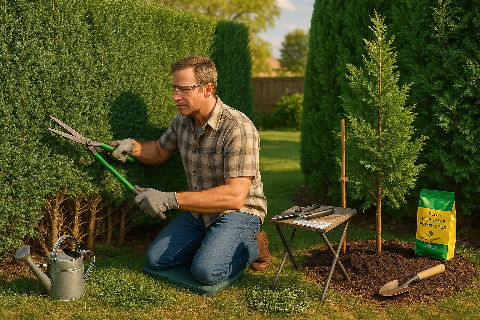 Gardener pruning Leylandii beside a healthy Thuja Western Red Cedar hedge.