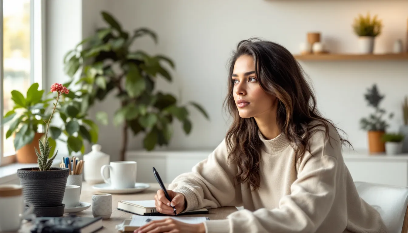 Woman journaling thoughtfully at a wooden desk in warm morning light.