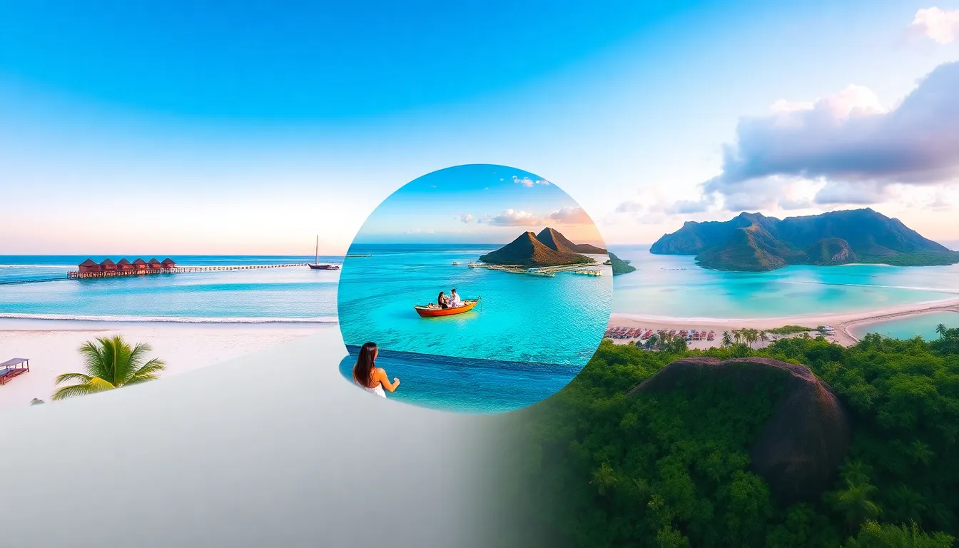 collage of tropical destinations featuring Maldives, Bora Bora, and Hawaii.