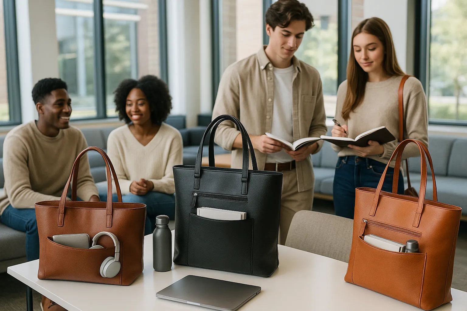 College students with stylish leather tote bags in a modern campus setting.