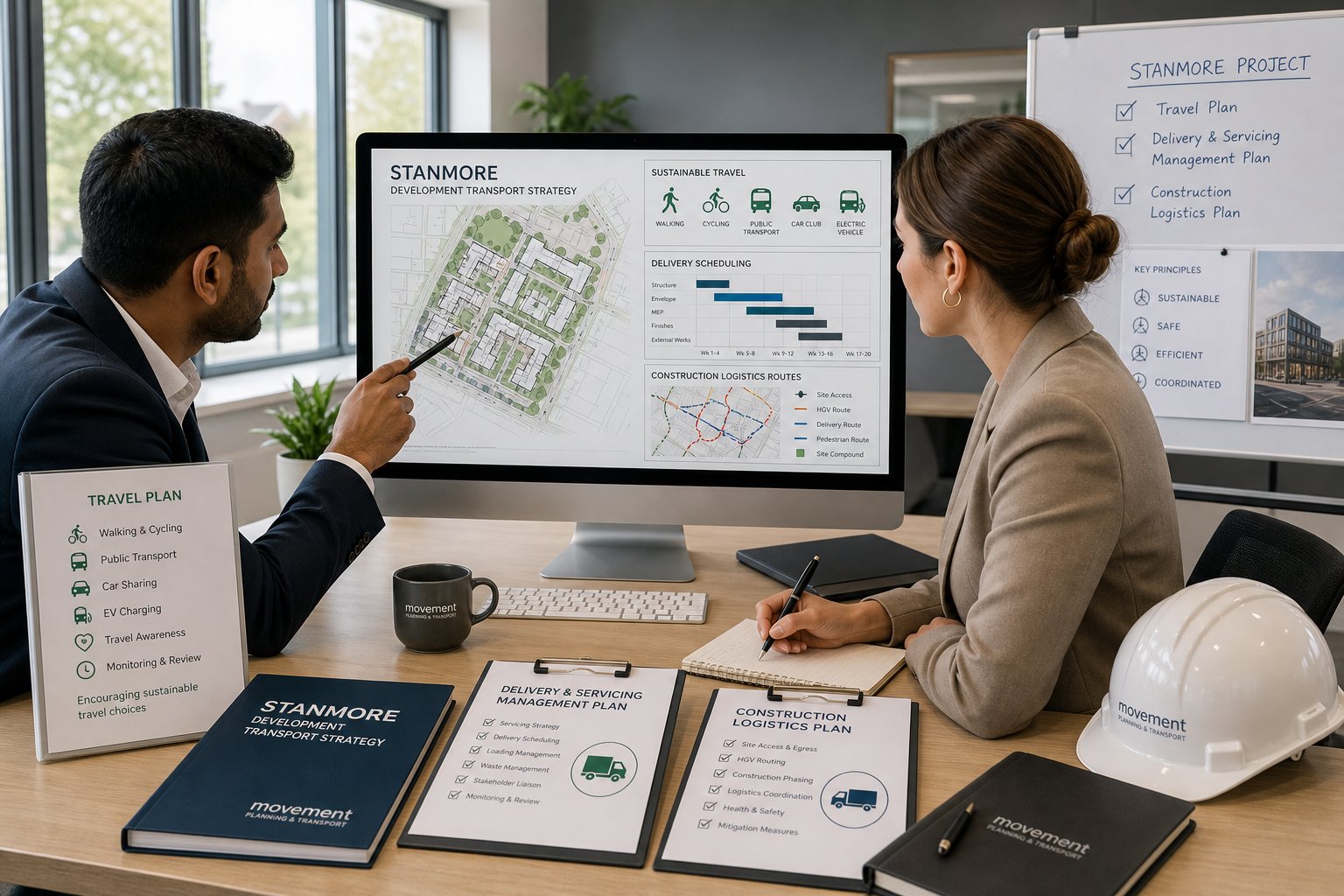 Traffic engineer reviewing transport and delivery planning documents in a modern office.