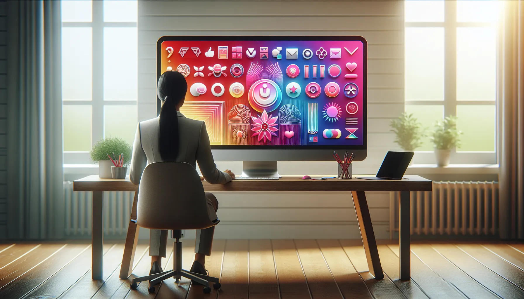 A professional workspace with a computer displaying Windows 11 PNG files.