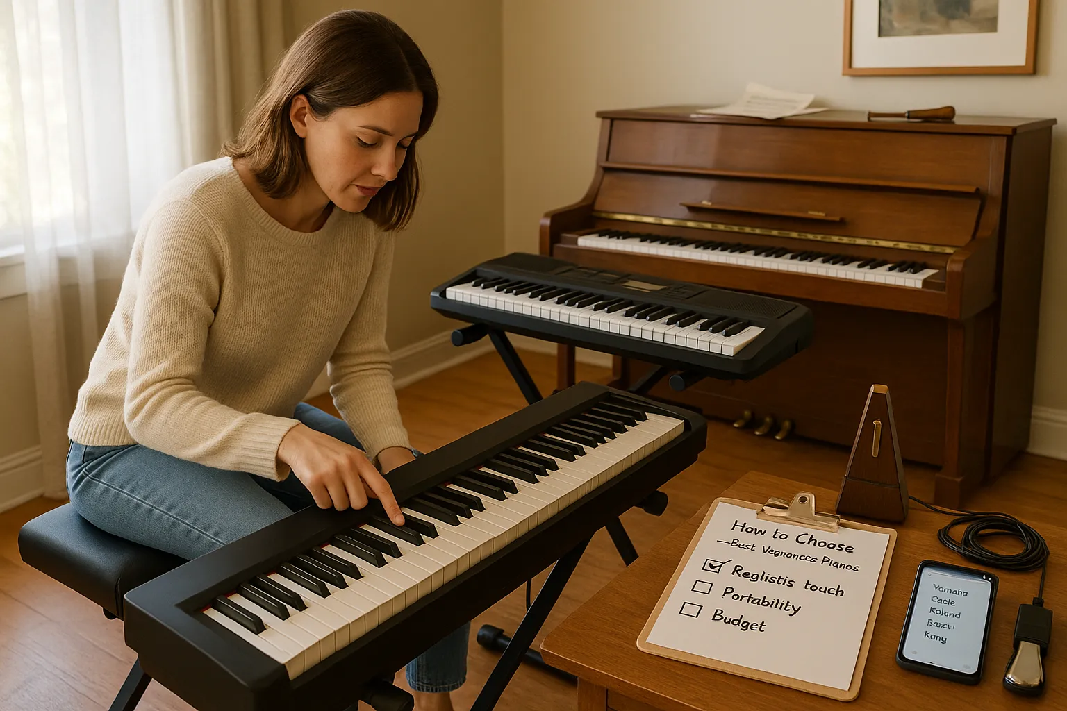 Mother testing a beginner digital piano with checklist and other keyboards nearby.