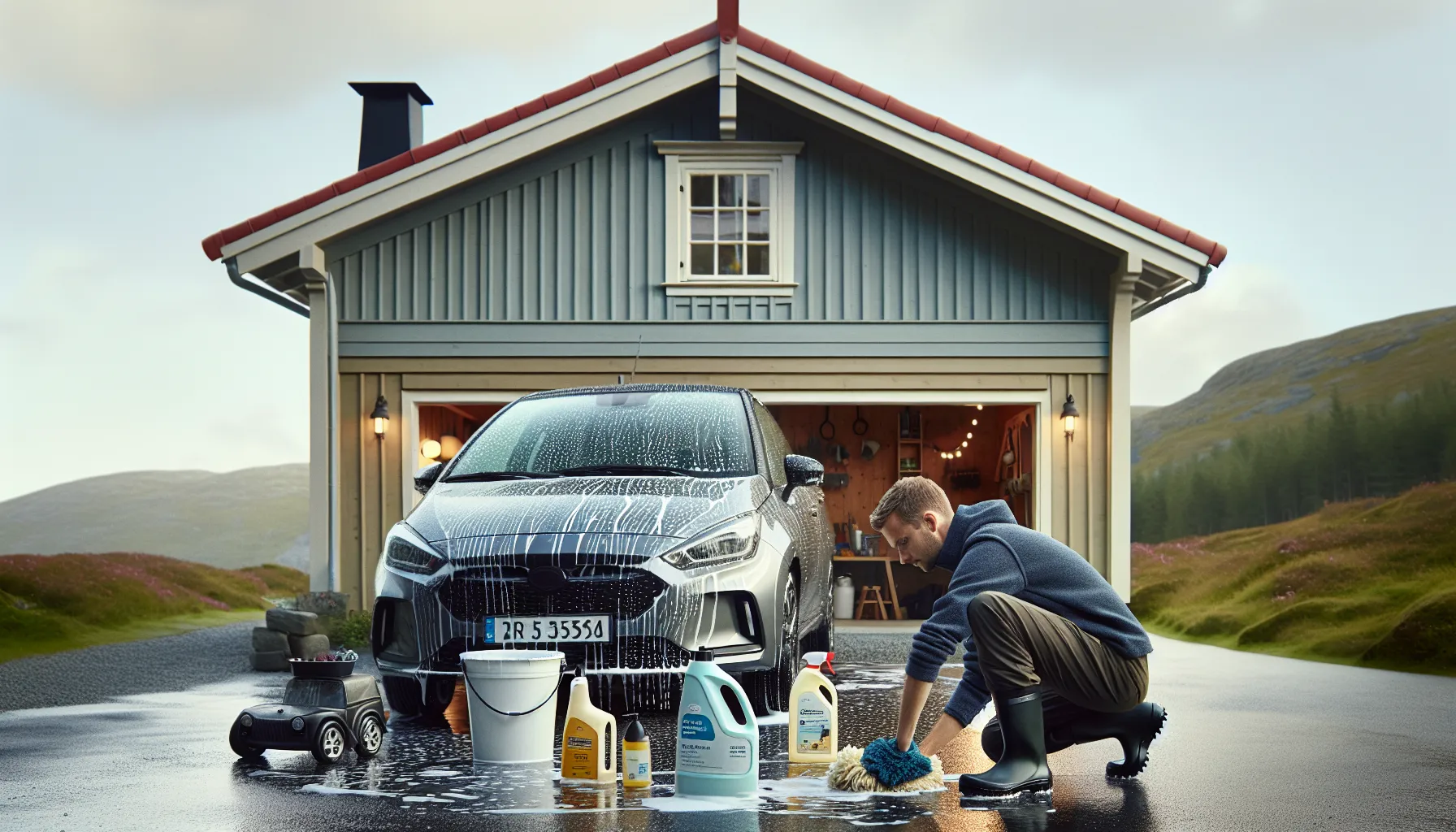 De beste produktene for bilvask hjemme 1 Norwegian man washing car at home with ph-neutral shampoo and proper tools.