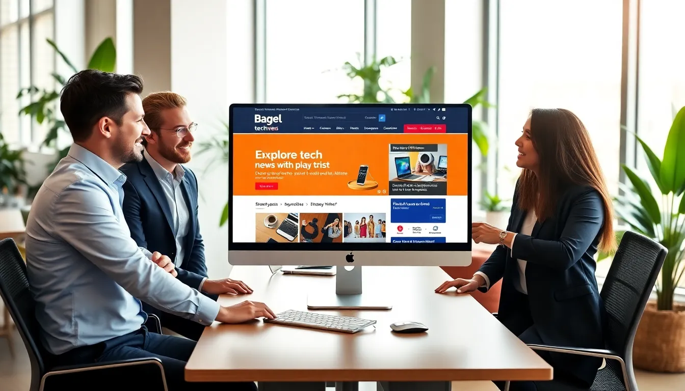 diverse team discussing Bageltechnews.com in a modern office.