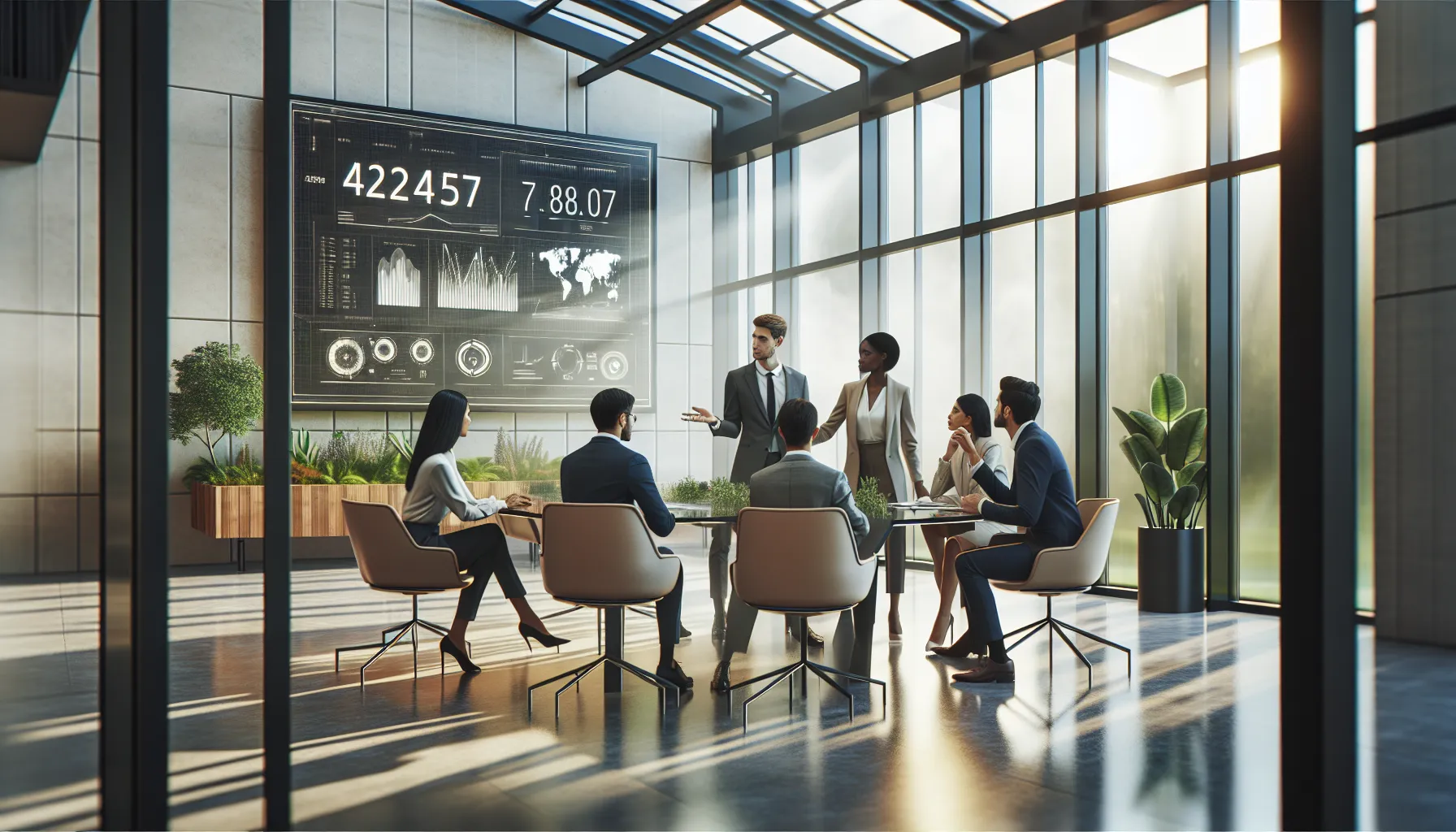 diverse professionals discussing data in a modern office.