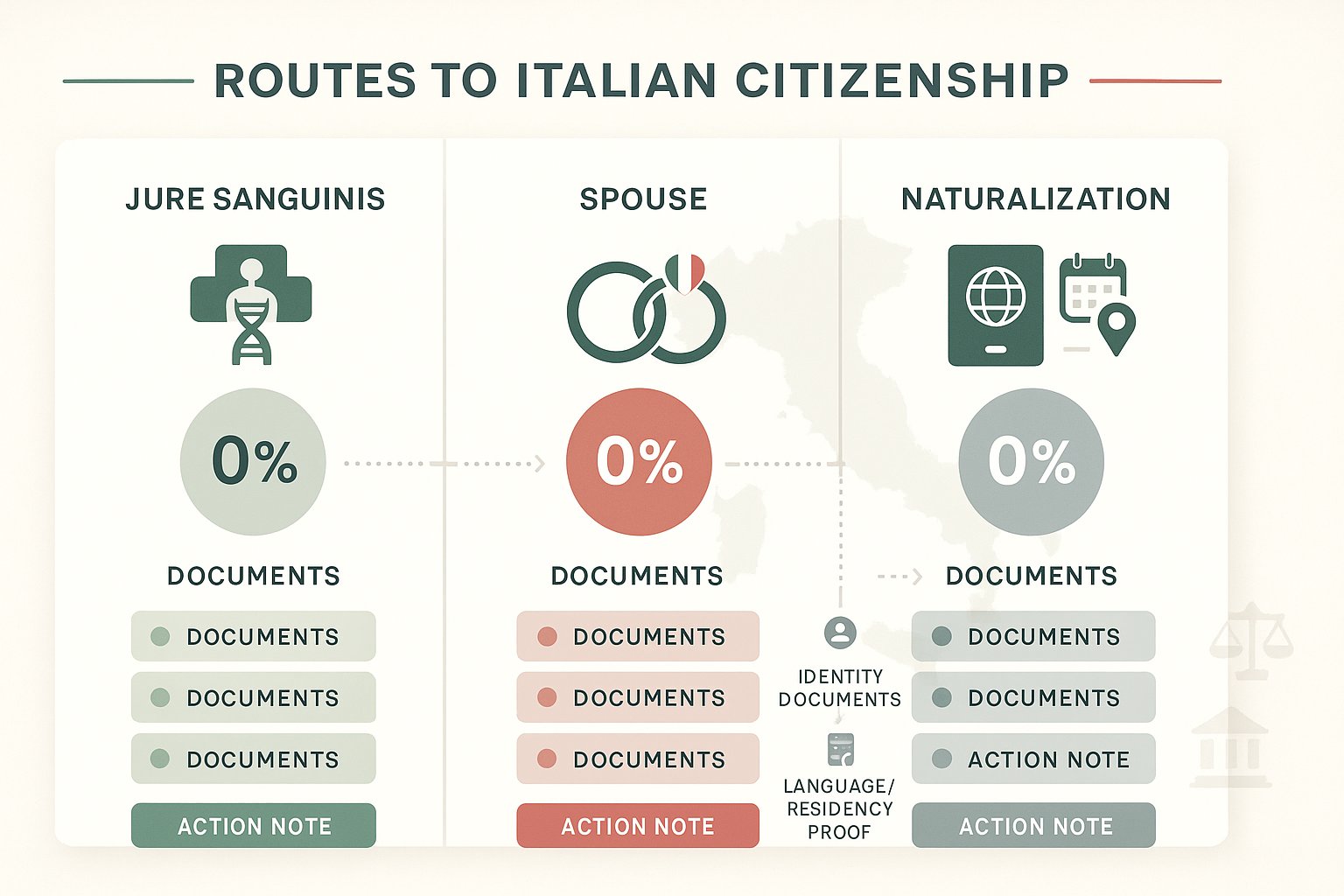Infografica a tre colonne che confronta i percorsi di cittadinanza italiana: discendenza, coniuge, naturalizzazione.