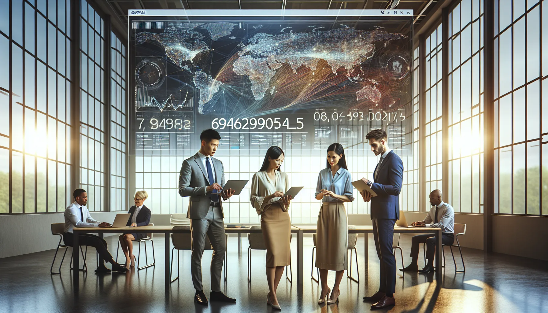 diverse team discussing data trends in a modern office.
