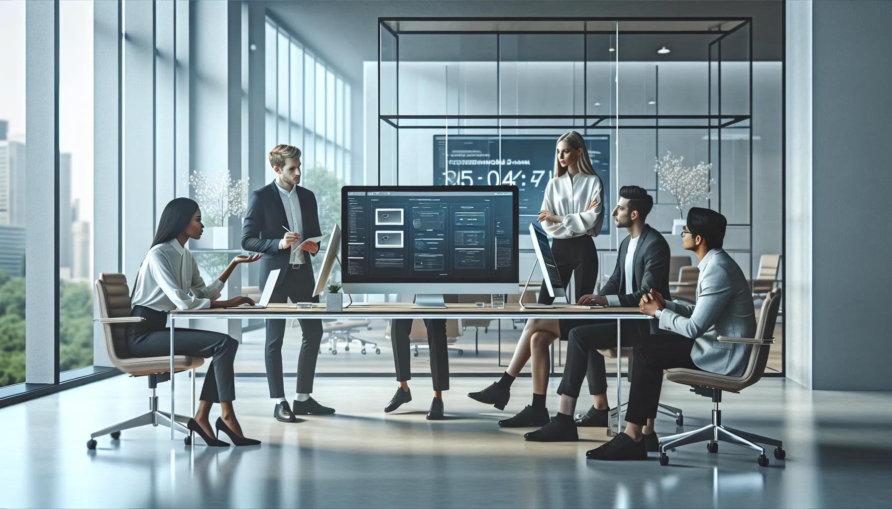professionals collaborating in a modern office using software.
