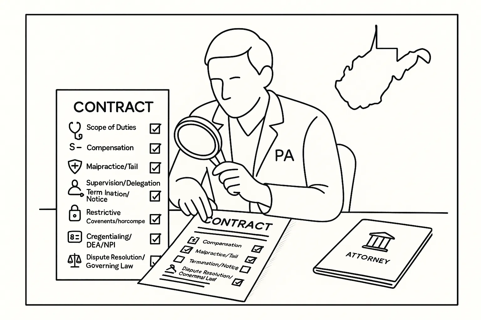 PA examining a contract checklist with legal icons and West Virginia Physician Assistant Contract Review.
