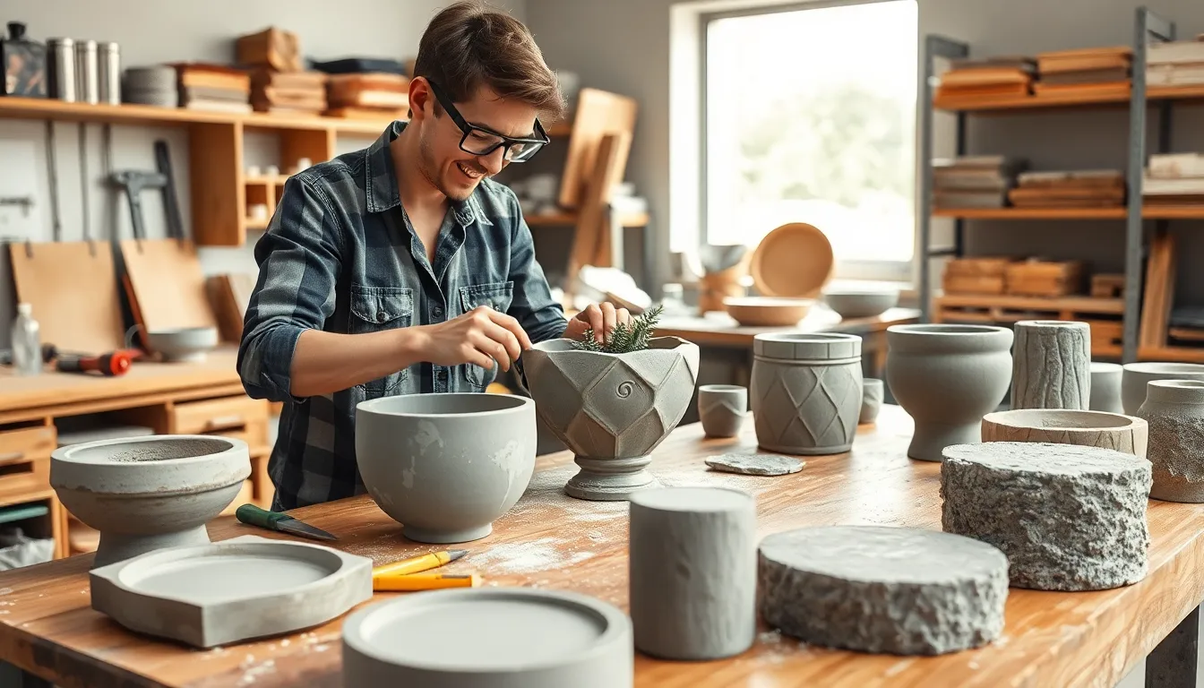 DIY enthusiast shaping concrete in a modern workshop.