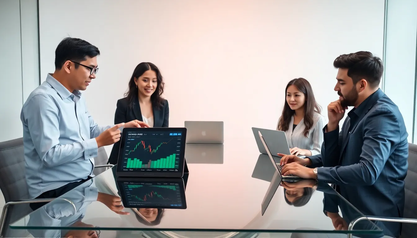 diverse team discussing cryptocurrency trading in a modern office.