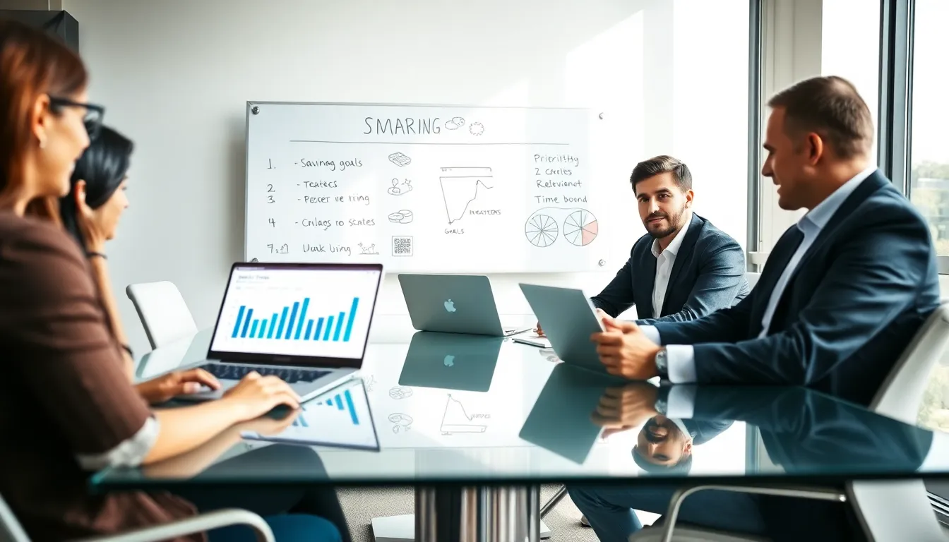 diverse professionals discussing financial goals in a modern office.