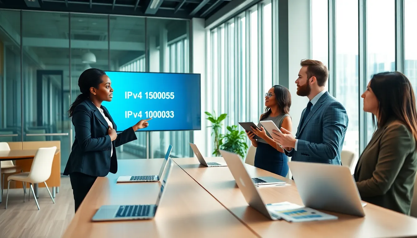 diverse team discussing IP address formats in a modern office.