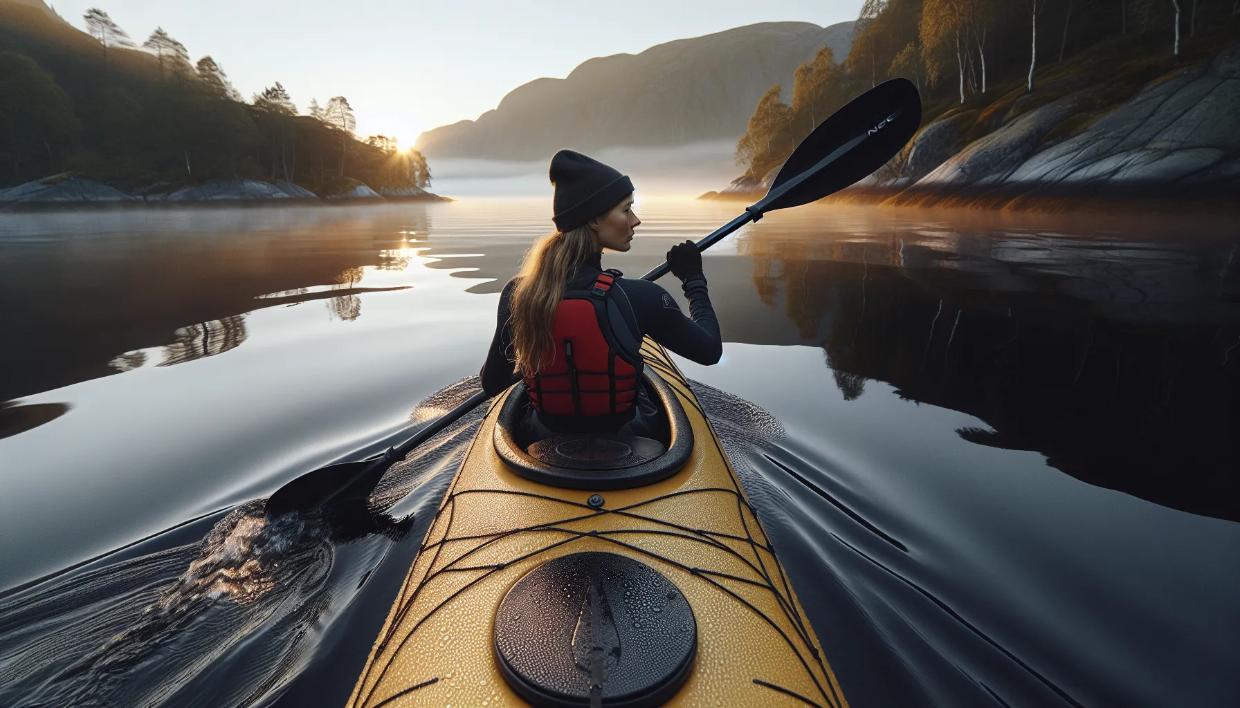 Norwegian kayaker gliding on a calm fjord at sunrise, serene and focused.